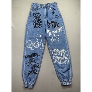 SONG Graffiti Jogger Denim Jeans Pants  Blue Size 0/24  100% Cotton Good Vibes‎